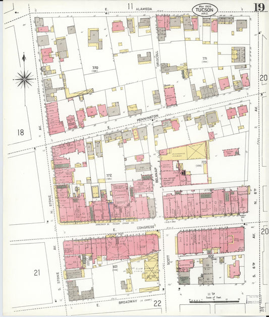 Sanborn Fire Insurance Map from Tucson, Pima County, Arizona (1909), Sheet #0019 - Historic Sanborn Fire Insurance Map Print, vintage old map wall art, antique decor, genealogy gift, Arizona Arizona map