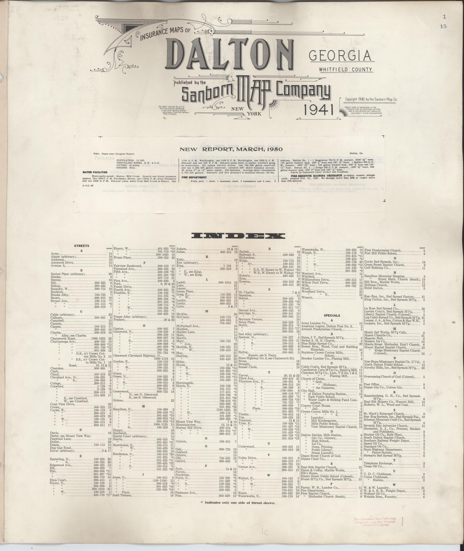 Sanborn Fire Insurance Map from Dalton, Whitfield County, Georgia (1950), Sheet #0001 - Historic Sanborn Fire Insurance Map Print, vintage old map wall art, antique decor, genealogy gift, Georgia Georgia map