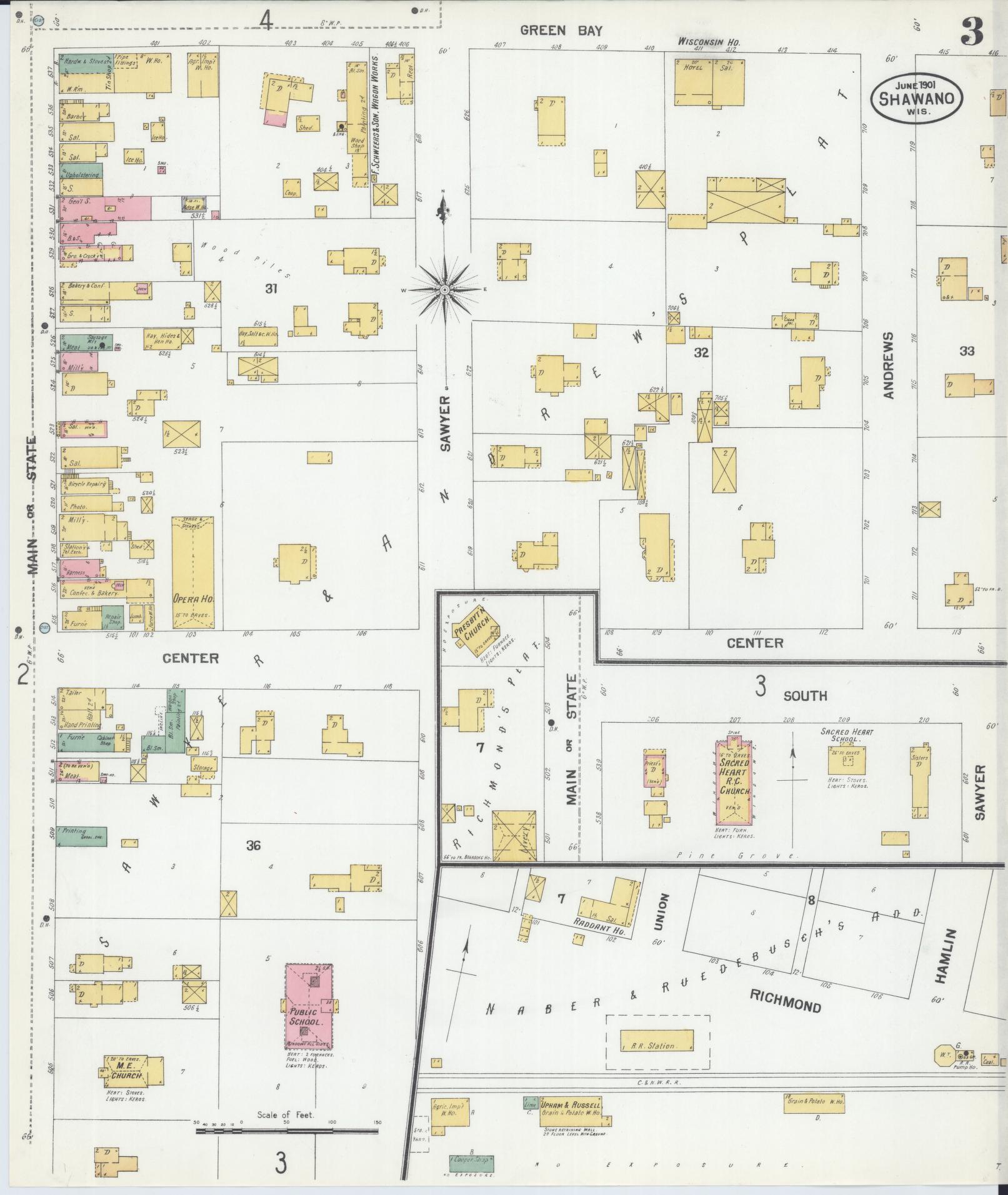Sanborn Fire Insurance Map from Shawano, Shawano County, Wisconsin (1901), Sheet #0003 - Complete Map Set gallery image, historic Sanborn map, vintage wall art, Wisconsin Wisconsin