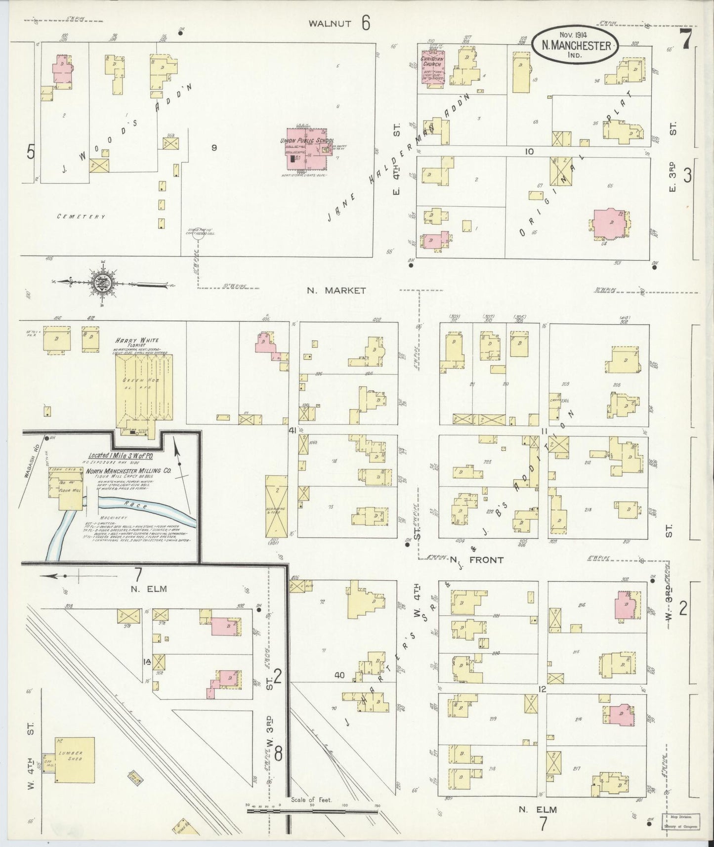 Sanborn Fire Insurance Map from North Manchester, Wabash County, Indiana (1914), Sheet #0007 - Complete Map Set gallery image, historic Sanborn map, vintage wall art, Indiana Indiana