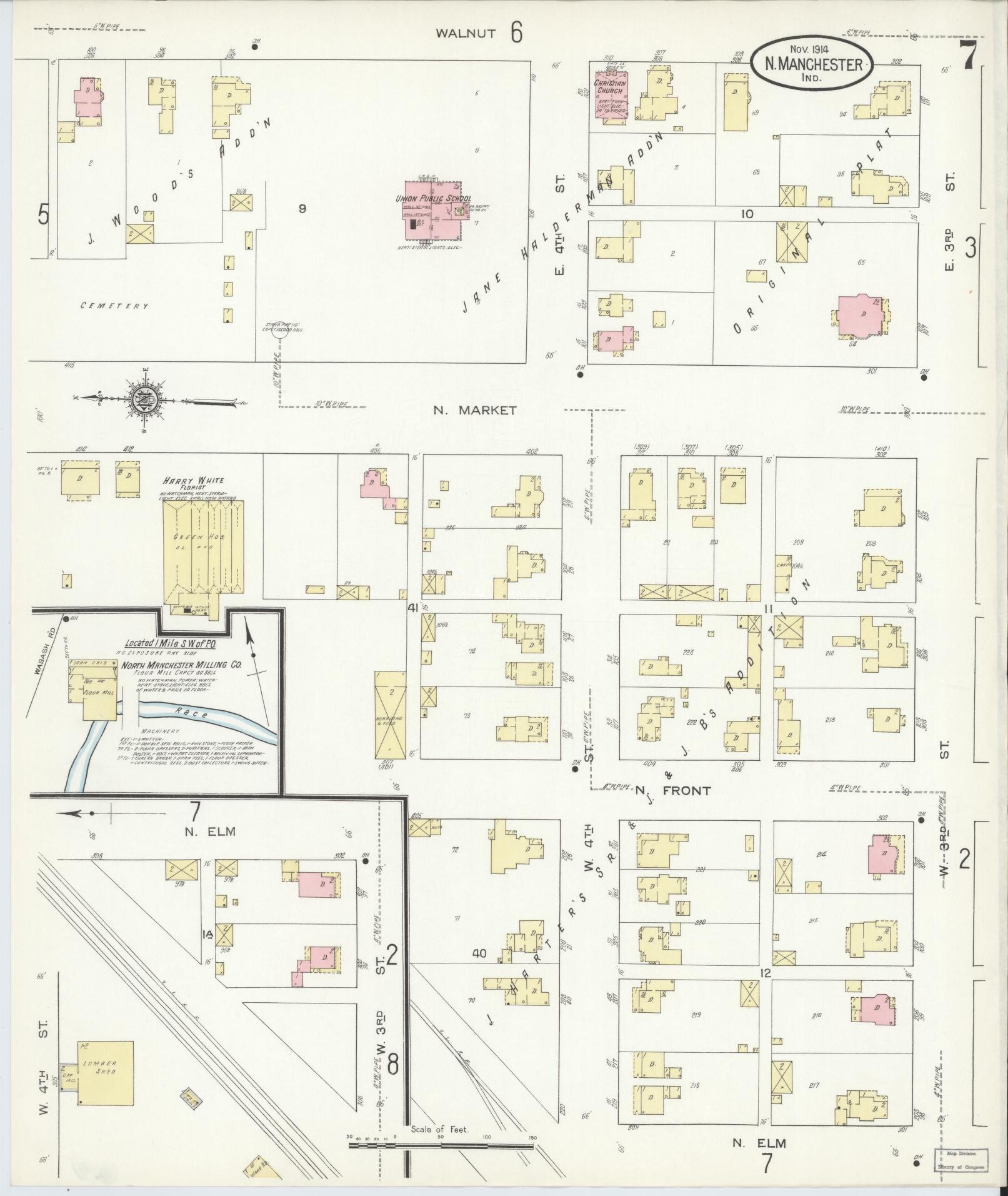 Sanborn Fire Insurance Map from North Manchester, Wabash County, Indiana (1914), Sheet #0007 - Complete Map Set gallery image, historic Sanborn map, vintage wall art, Indiana Indiana