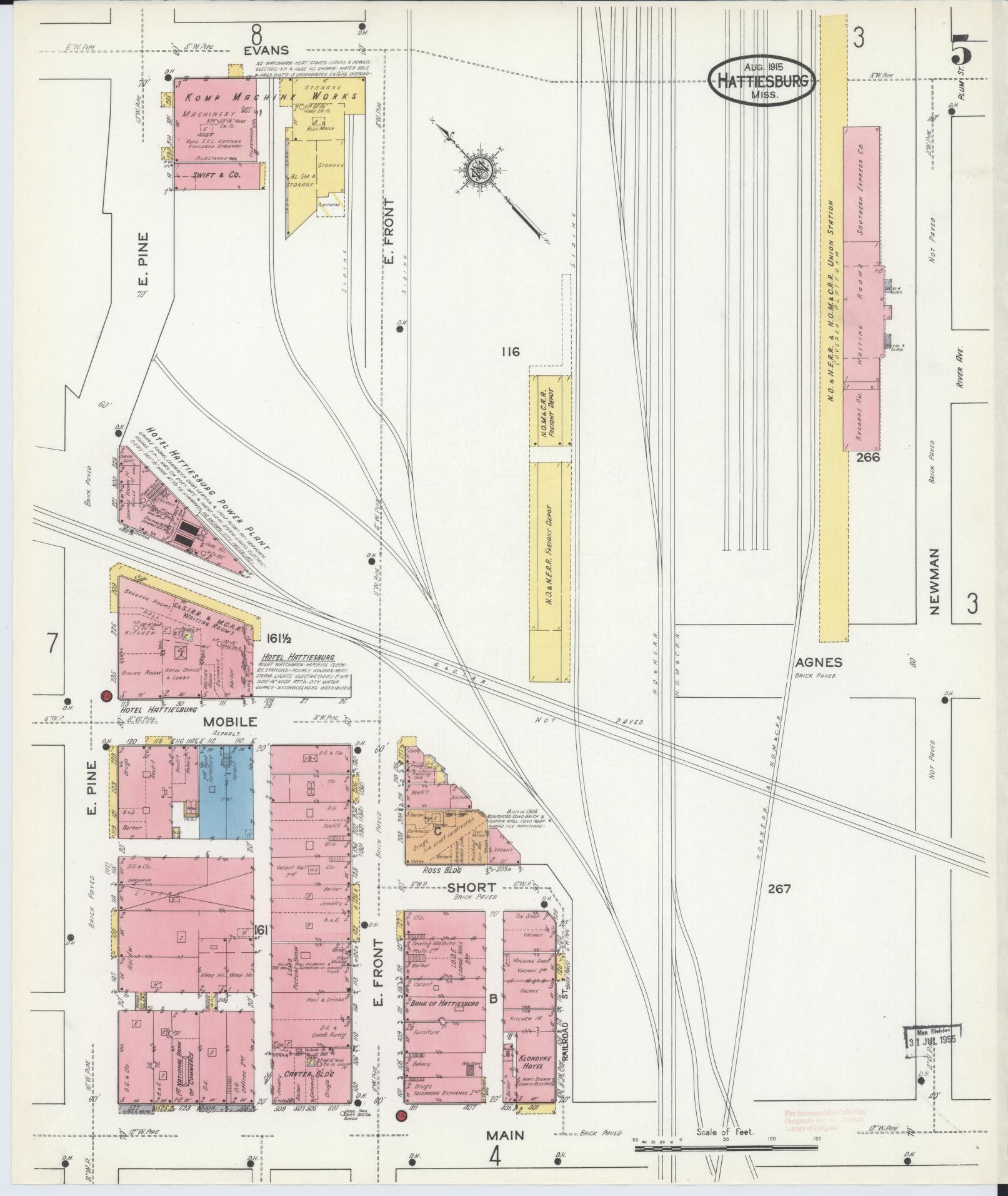 Sanborn Fire Insurance Map from Hattiesburg, Forrest County, Mississippi (1915), Sheet #0005 - Complete Map Set gallery image, historic Sanborn map, vintage wall art, Mississippi Mississippi