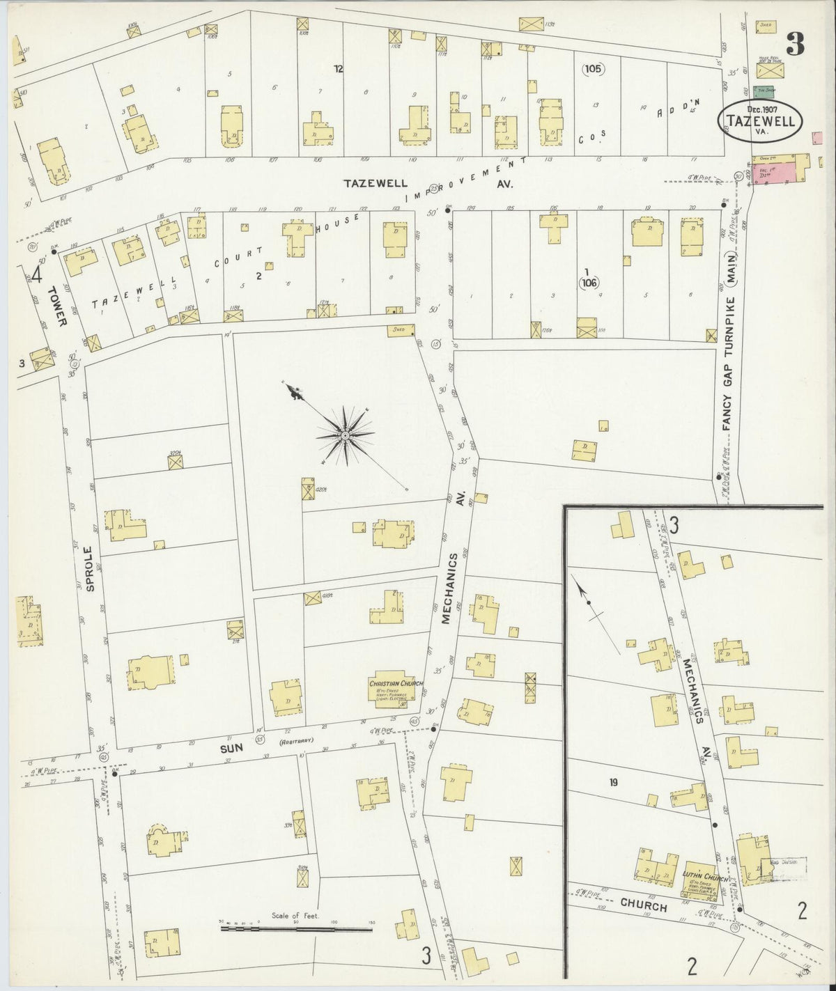 Sanborn Fire Insurance Map from Tazewell, Tazewell County, Virginia (1907), Sheet #0003 - Historic Sanborn Fire Insurance Map Print, vintage old map wall art, antique decor, genealogy gift, Virginia Virginia map
