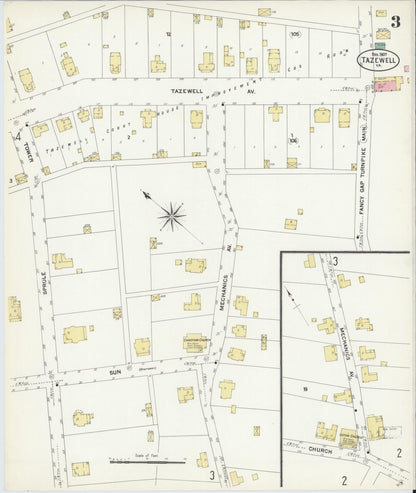 Sanborn Fire Insurance Map from Tazewell, Tazewell County, Virginia (1907), Sheet #0003 - Historic Sanborn Fire Insurance Map Print, vintage old map wall art, antique decor, genealogy gift, Virginia Virginia map