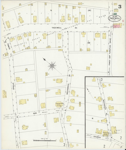 Sanborn Fire Insurance Map from Tazewell, Tazewell County, Virginia (1907), Sheet #0003 - Historic Sanborn Fire Insurance Map Print, vintage old map wall art, antique decor, genealogy gift, Virginia Virginia map