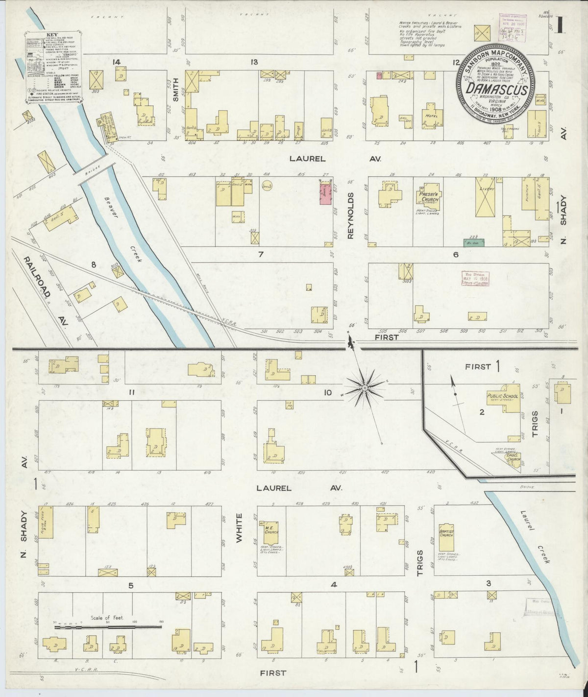 Sanborn Fire Insurance Map from Damascus, Washington County, Virginia (1908), Sheet #0001 - Complete Map Set gallery image, historic Sanborn map, vintage wall art, Virginia Virginia