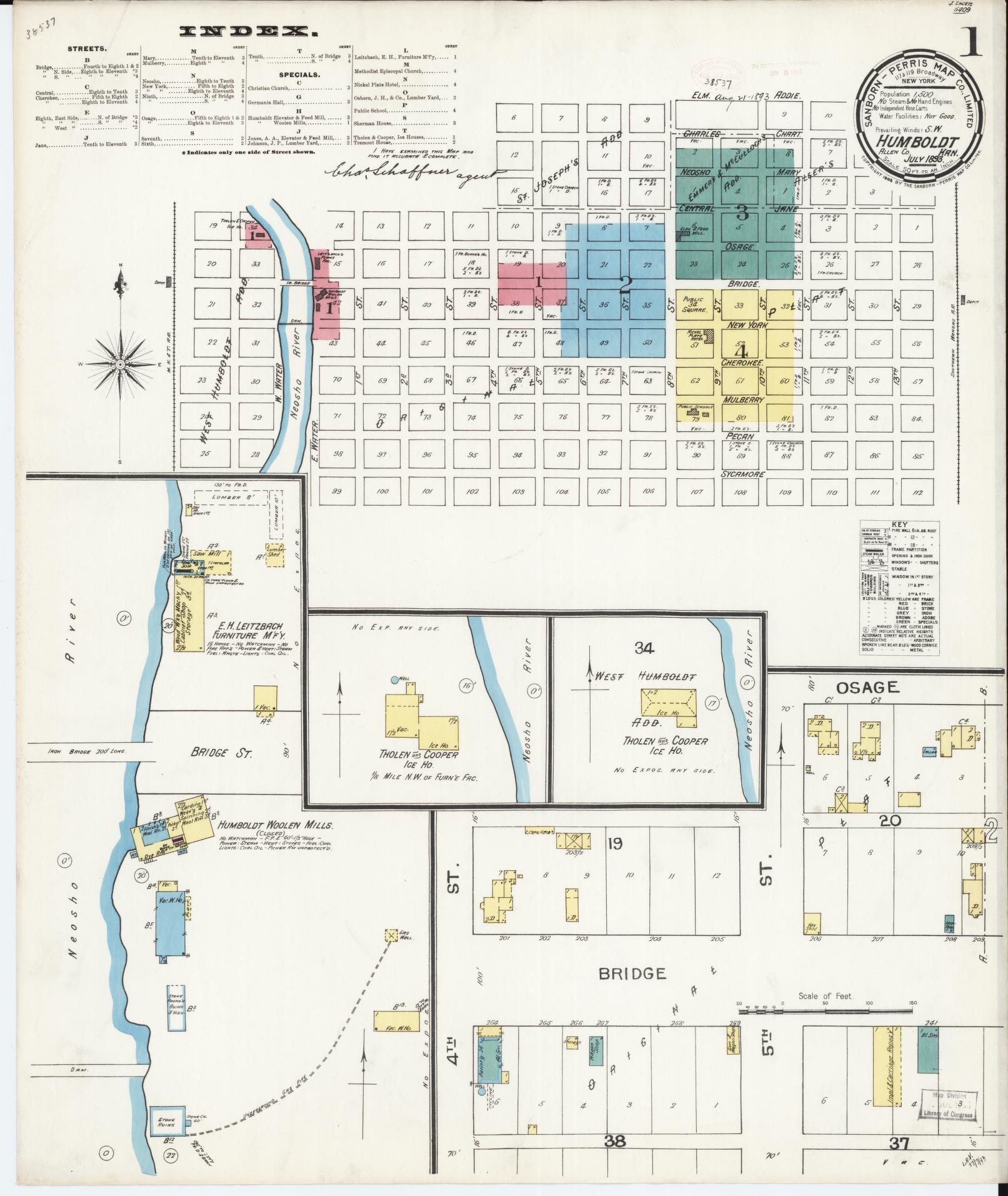 Sanborn Fire Insurance Map from Humboldt, Allen County, Kansas (1893), Sheet #0001 - Historic Sanborn Fire Insurance Map Print, vintage old map wall art, antique decor, genealogy gift, Kansas Kansas map