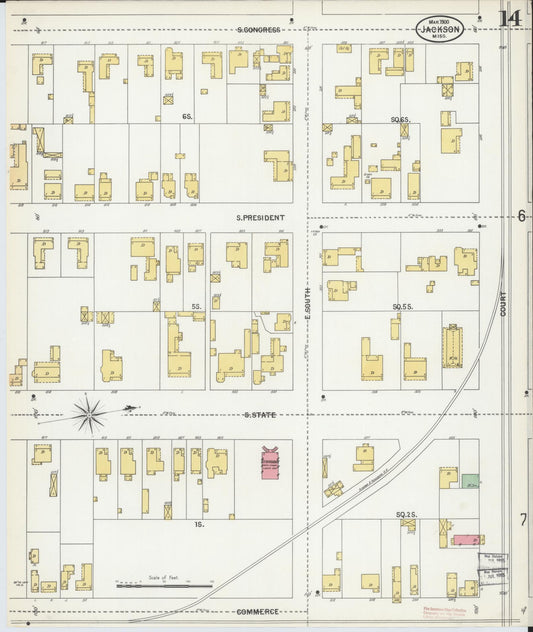 Sanborn Fire Insurance Map from Jackson, Hinds County, Mississippi (1900), Sheet #0014 - Historic Sanborn Fire Insurance Map Print, vintage old map wall art, antique decor, genealogy gift, Mississippi Mississippi map