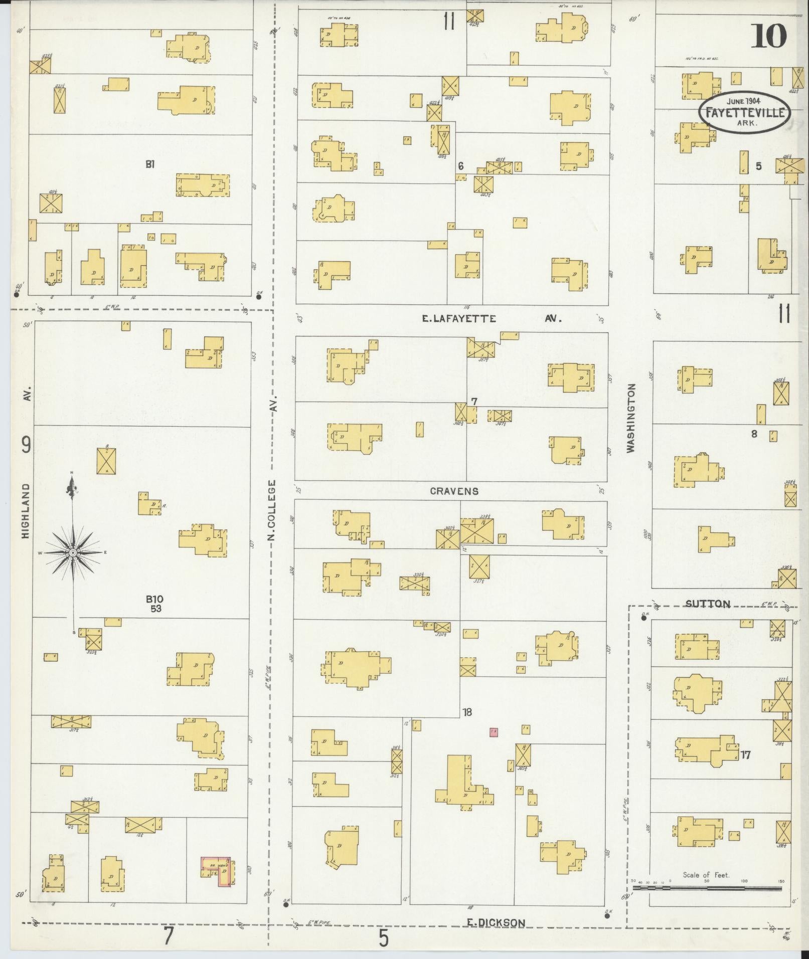Sanborn Fire Insurance Map from Fayetteville, Washington County, Arkansas (1904), Sheet #0010 - Complete Map Set gallery image, historic Sanborn map, vintage wall art, Arkansas Arkansas