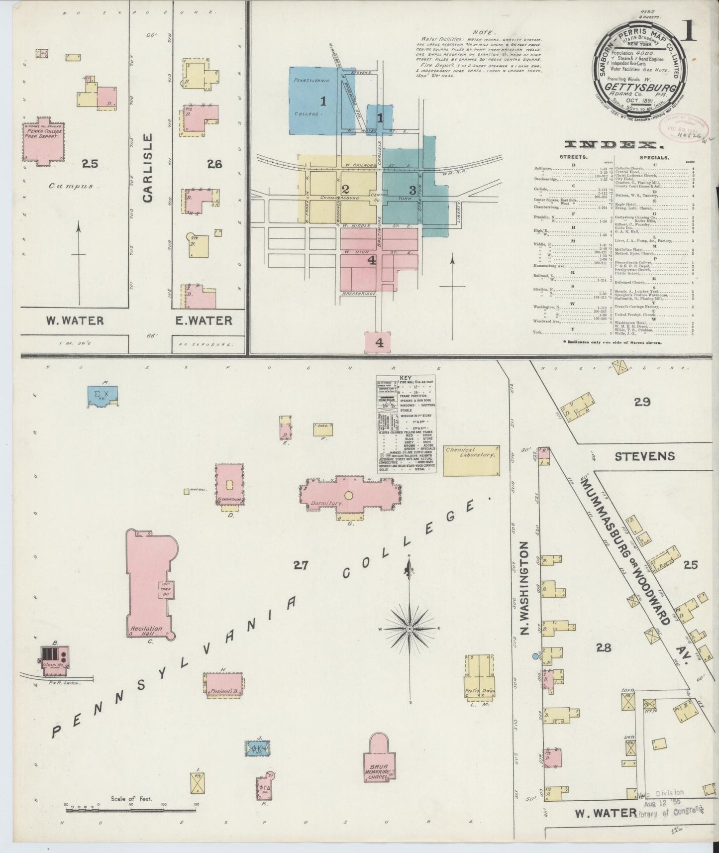 Sanborn Fire Insurance Map from Gettysburg, Adams County, Pennsylvania (1891), Sheet #0001 - Historic Sanborn Fire Insurance Map Print, vintage old map wall art, antique decor, genealogy gift, Pennsylvania Pennsylvania map