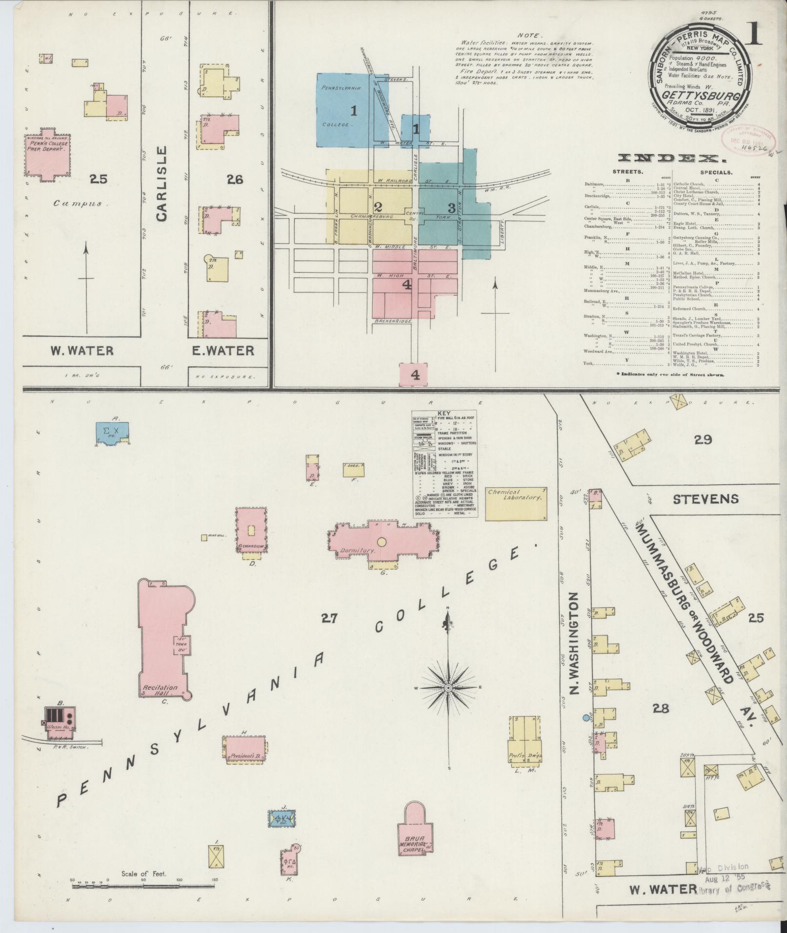 Sanborn Fire Insurance Map from Gettysburg, Adams County, Pennsylvania (1891), Sheet #0001 - Historic Sanborn Fire Insurance Map Print, vintage old map wall art, antique decor, genealogy gift, Pennsylvania Pennsylvania map