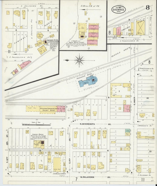 Sanborn Fire Insurance Map from Shawnee, Pottawatomie County, Oklahoma (1907), Sheet #0008 - Historic Sanborn Fire Insurance Map Print, vintage old map wall art, antique decor, genealogy gift, Oklahoma Oklahoma map