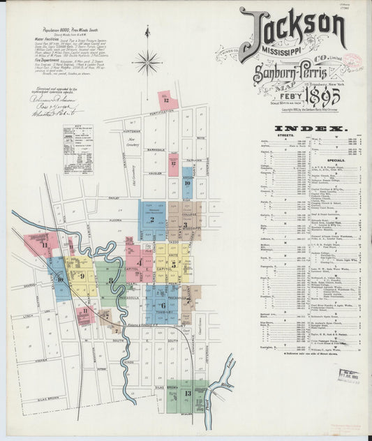 Sanborn Fire Insurance Map from Jackson, Hinds County, Mississippi (1895), Sheet #0001 - Historic Sanborn Fire Insurance Map Print, vintage old map wall art, antique decor, genealogy gift, Mississippi Mississippi map