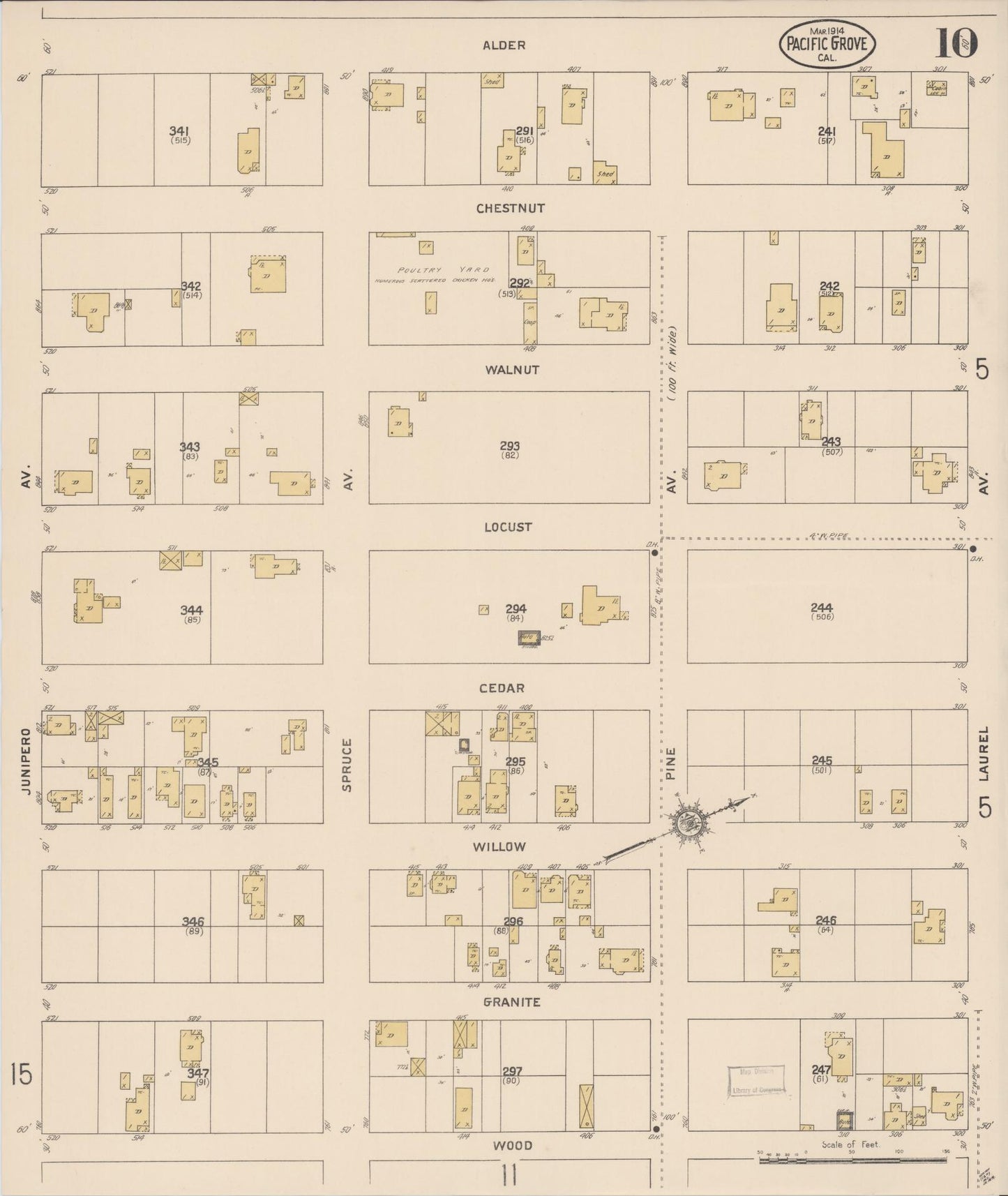 Sanborn Fire Insurance Map from Pacific Grove, Monterey County, California (1914), Sheet #0010 - Complete Map Set gallery image, historic Sanborn map, vintage wall art, California California