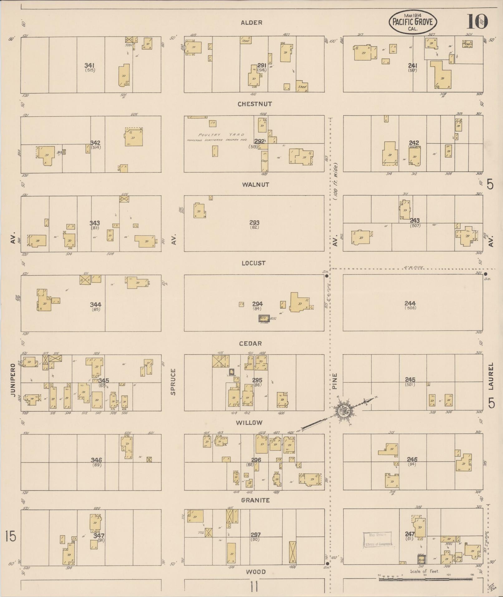 Sanborn Fire Insurance Map from Pacific Grove, Monterey County, California (1914), Sheet #0010 - Complete Map Set gallery image, historic Sanborn map, vintage wall art, California California
