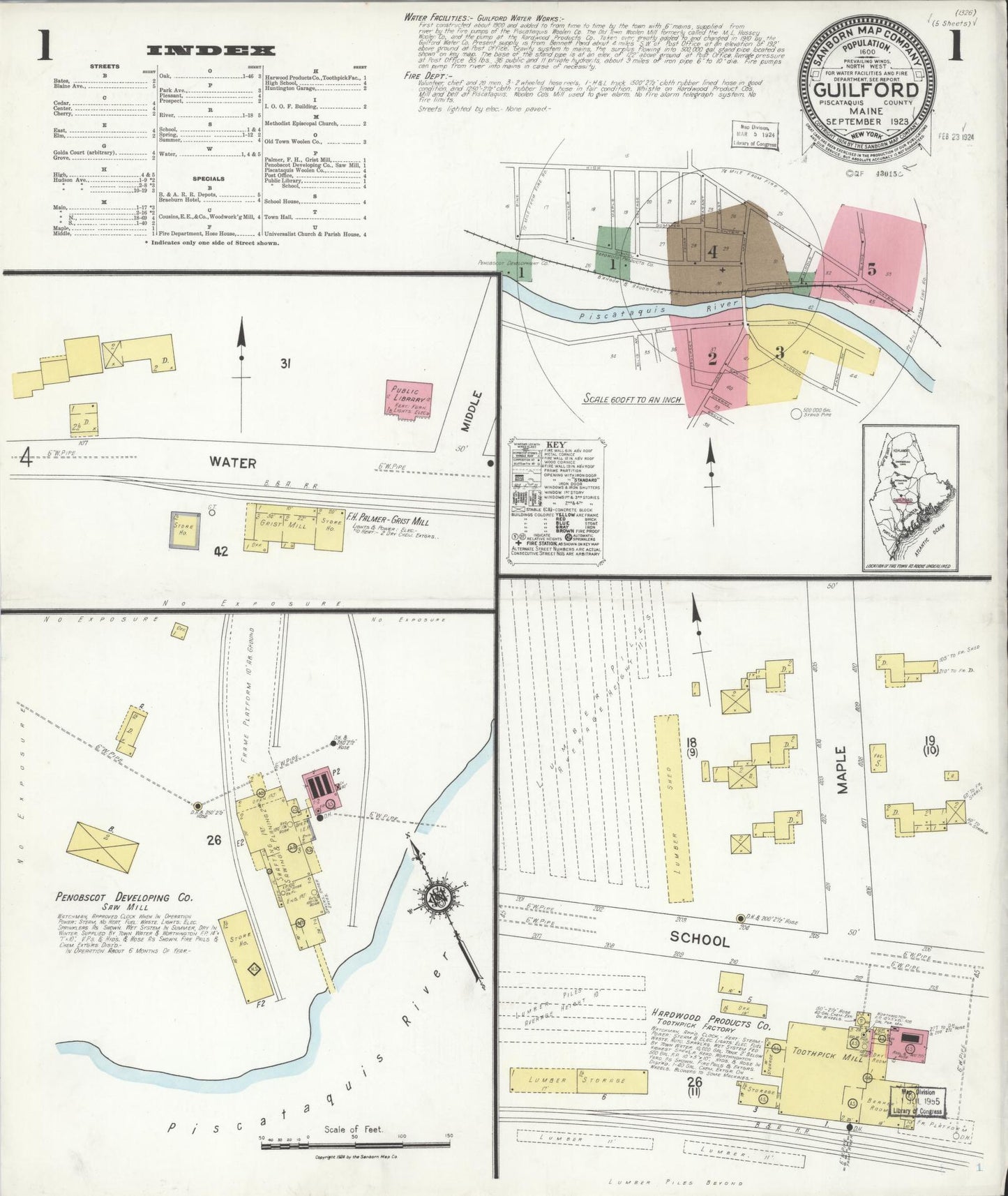 Sanborn Fire Insurance Map from Guilford, Piscataquis County, Maine (1923), Sheet #0001 - Historic Sanborn Fire Insurance Map Print, vintage old map wall art, antique decor, genealogy gift, Maine Maine map