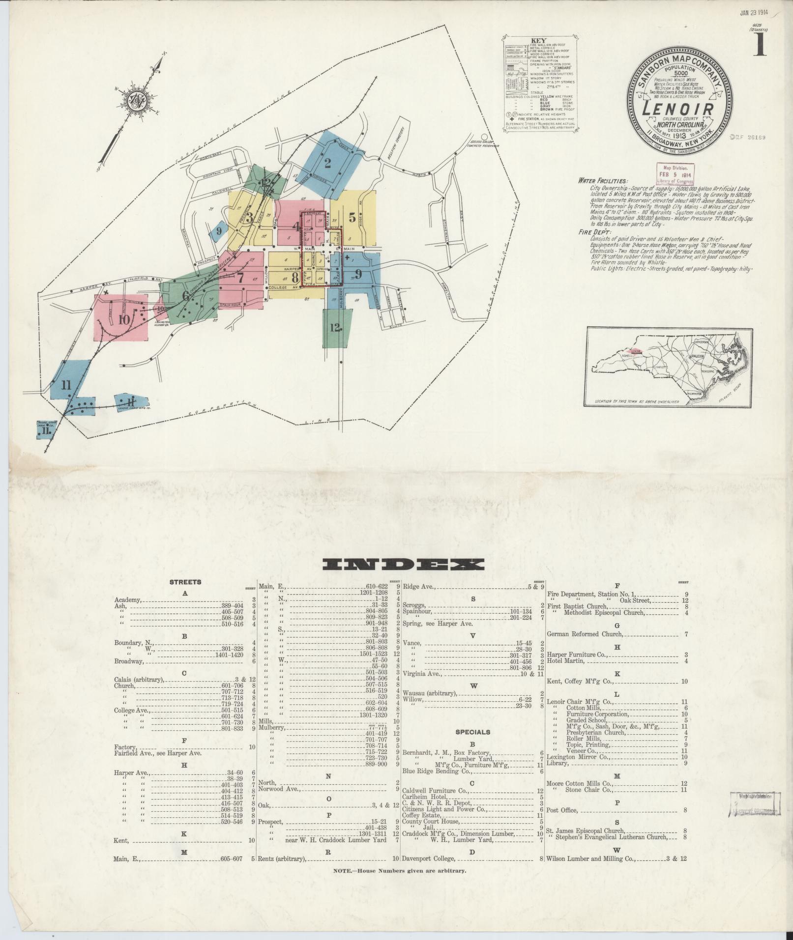 Sanborn Fire Insurance Map from Lenoir, Caldwell County, North Carolina (1913), Sheet #0001 - Historic Sanborn Fire Insurance Map Print, vintage old map wall art, antique decor, genealogy gift, North Carolina North Carolina map