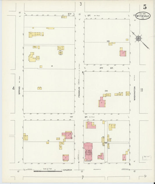 Sanborn Fire Insurance Map from Wytheville, Wythe County, Virginia (1913), Sheet #0005 - Historic Sanborn Fire Insurance Map Print, vintage old map wall art, antique decor, genealogy gift, Virginia Virginia map