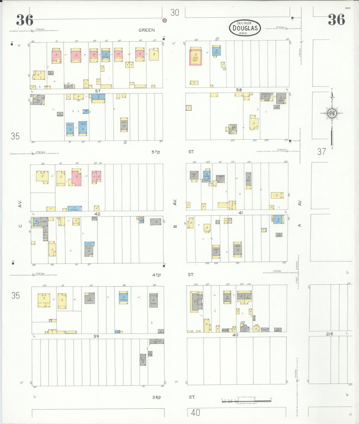 Sanborn Fire Insurance Map from Douglas, Cochise County, Arizona (1929), Sheet #0036 - Complete Map Set gallery image, historic Sanborn map, vintage wall art, Arizona Arizona