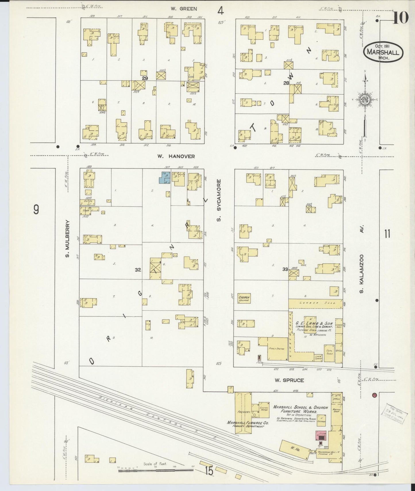 Sanborn Fire Insurance Map from Marshall, Calhoun County, Michigan (1911), Sheet #0010 - Historic Sanborn Fire Insurance Map Print, vintage old map wall art, antique decor, genealogy gift, Michigan Michigan map