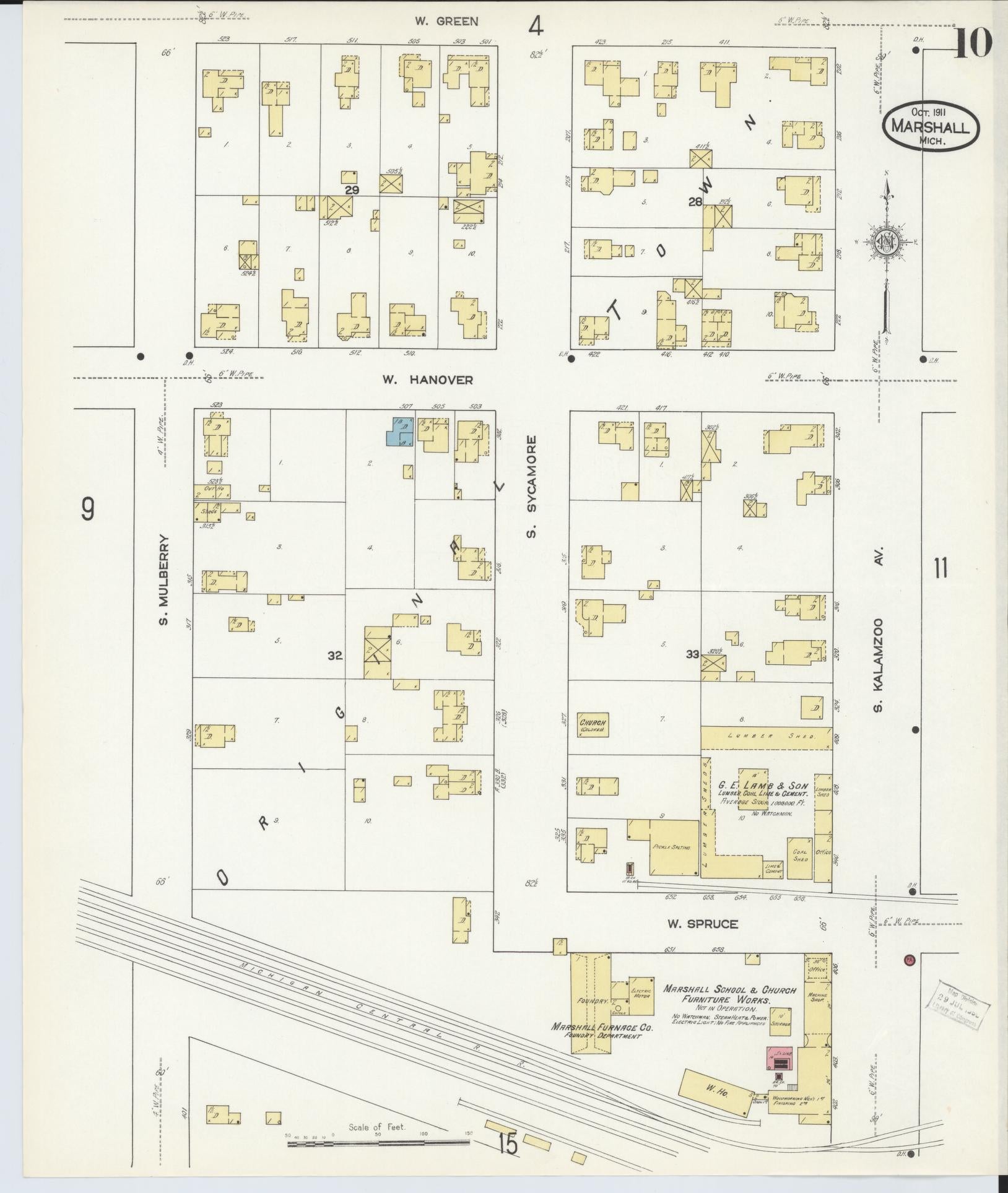 Sanborn Fire Insurance Map from Marshall, Calhoun County, Michigan (1911), Sheet #0010 - Historic Sanborn Fire Insurance Map Print, vintage old map wall art, antique decor, genealogy gift, Michigan Michigan map