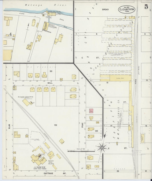 Sanborn Fire Insurance Map from Elizabethton, Carter County, Tennessee (1902), Sheet #0005 - Historic Sanborn Fire Insurance Map Print, vintage old map wall art, antique decor, genealogy gift, Tennessee Tennessee map