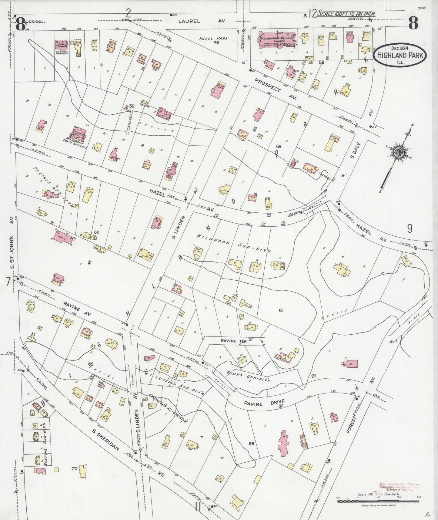 Sanborn Fire Insurance Map from Highland Park, Lake County, Illinois (1924), Sheet #0008 - Historic Sanborn Fire Insurance Map Print, vintage old map wall art, antique decor, genealogy gift, Illinois Illinois map