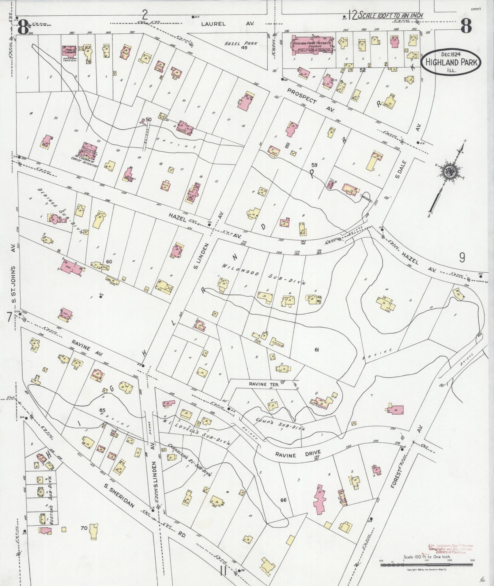 Sanborn Fire Insurance Map from Highland Park, Lake County, Illinois (1924), Sheet #0008 - Historic Sanborn Fire Insurance Map Print, vintage old map wall art, antique decor, genealogy gift, Illinois Illinois map