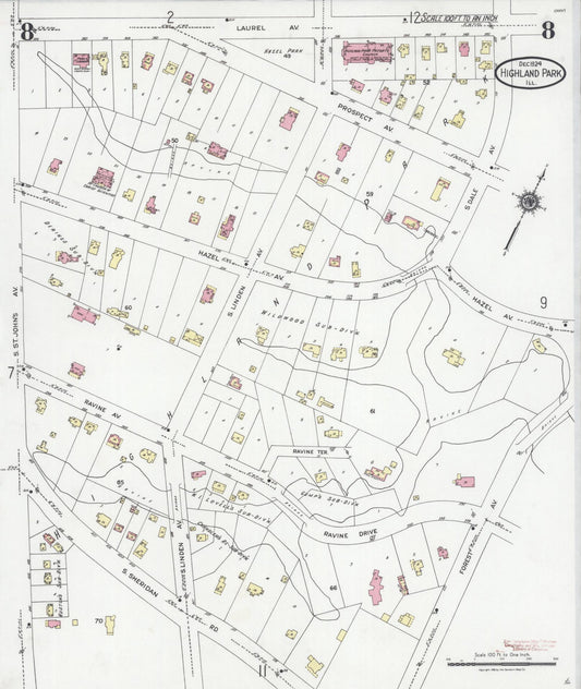 Sanborn Fire Insurance Map from Highland Park, Lake County, Illinois (1924), Sheet #0008 - Historic Sanborn Fire Insurance Map Print, vintage old map wall art, antique decor, genealogy gift, Illinois Illinois map