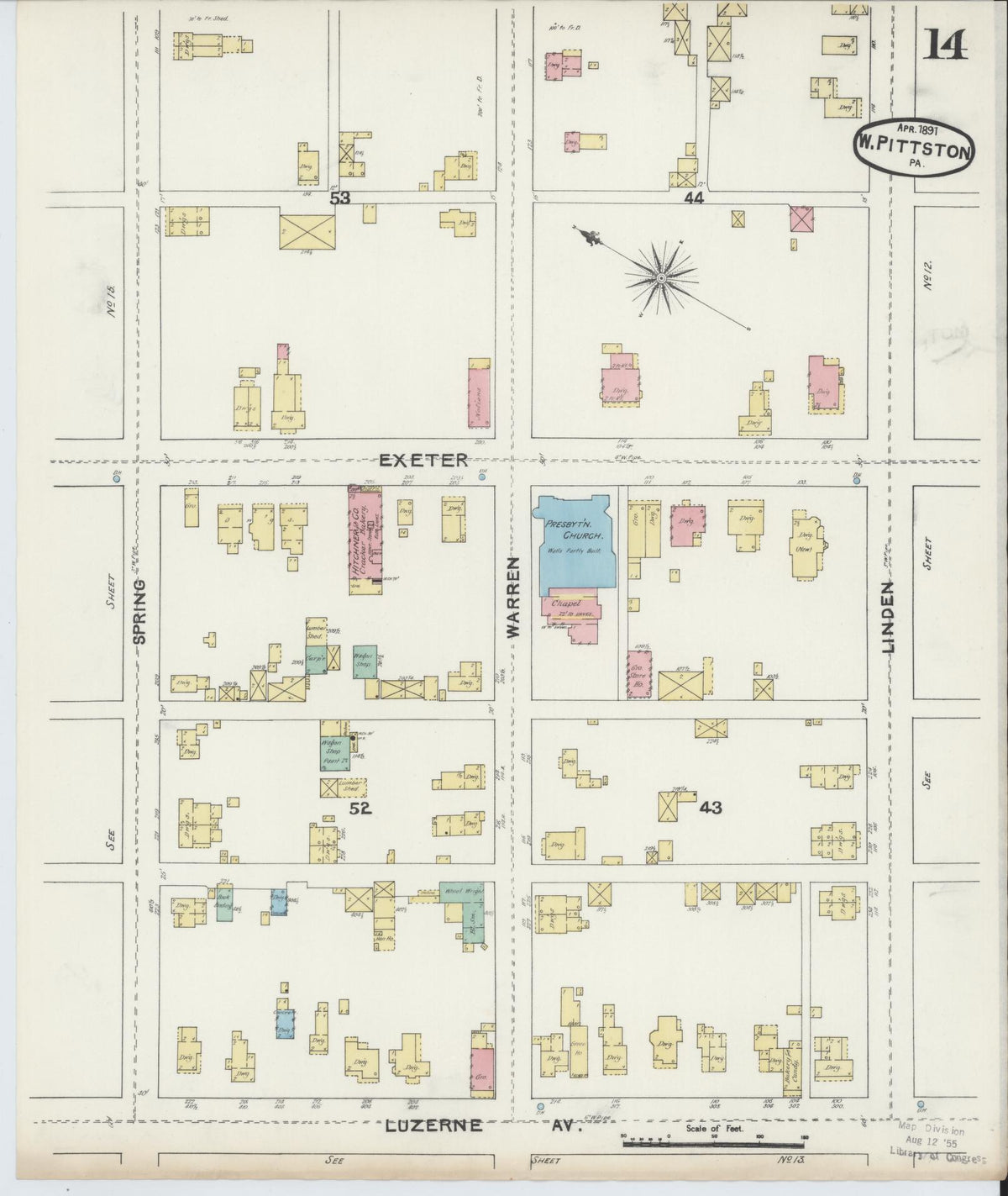Sanborn Fire Insurance Map from Pittston, Luzerne County, Pennsylvania (1891), Sheet #0014 - Historic Sanborn Fire Insurance Map Print, vintage old map wall art, antique decor, genealogy gift, Pennsylvania Pennsylvania map