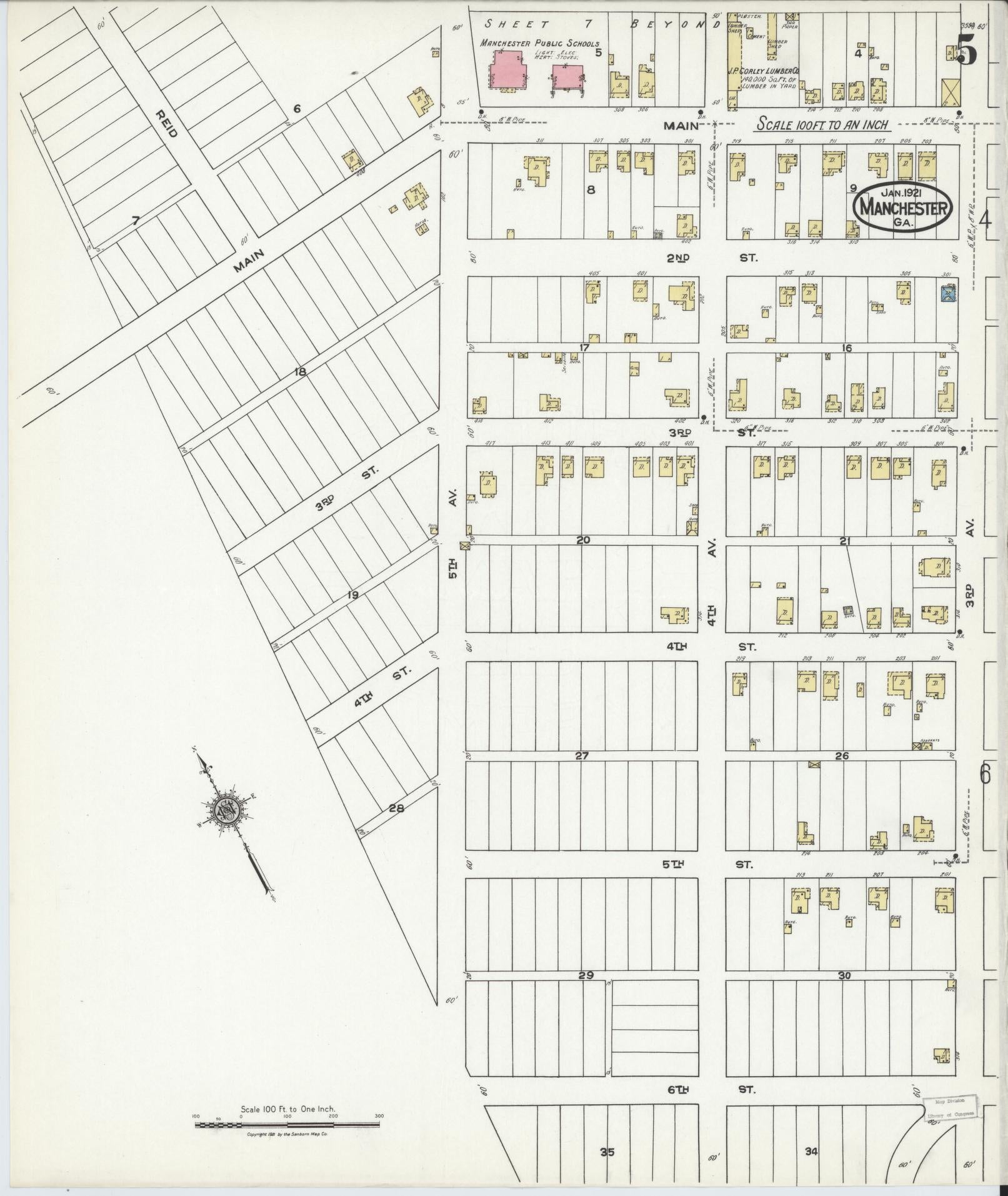 Sanborn Fire Insurance Map from Manchester, Meriweather County, Georgia (1921), Sheet #0005 - Historic Sanborn Fire Insurance Map Print, vintage old map wall art, antique decor, genealogy gift, Georgia Georgia map