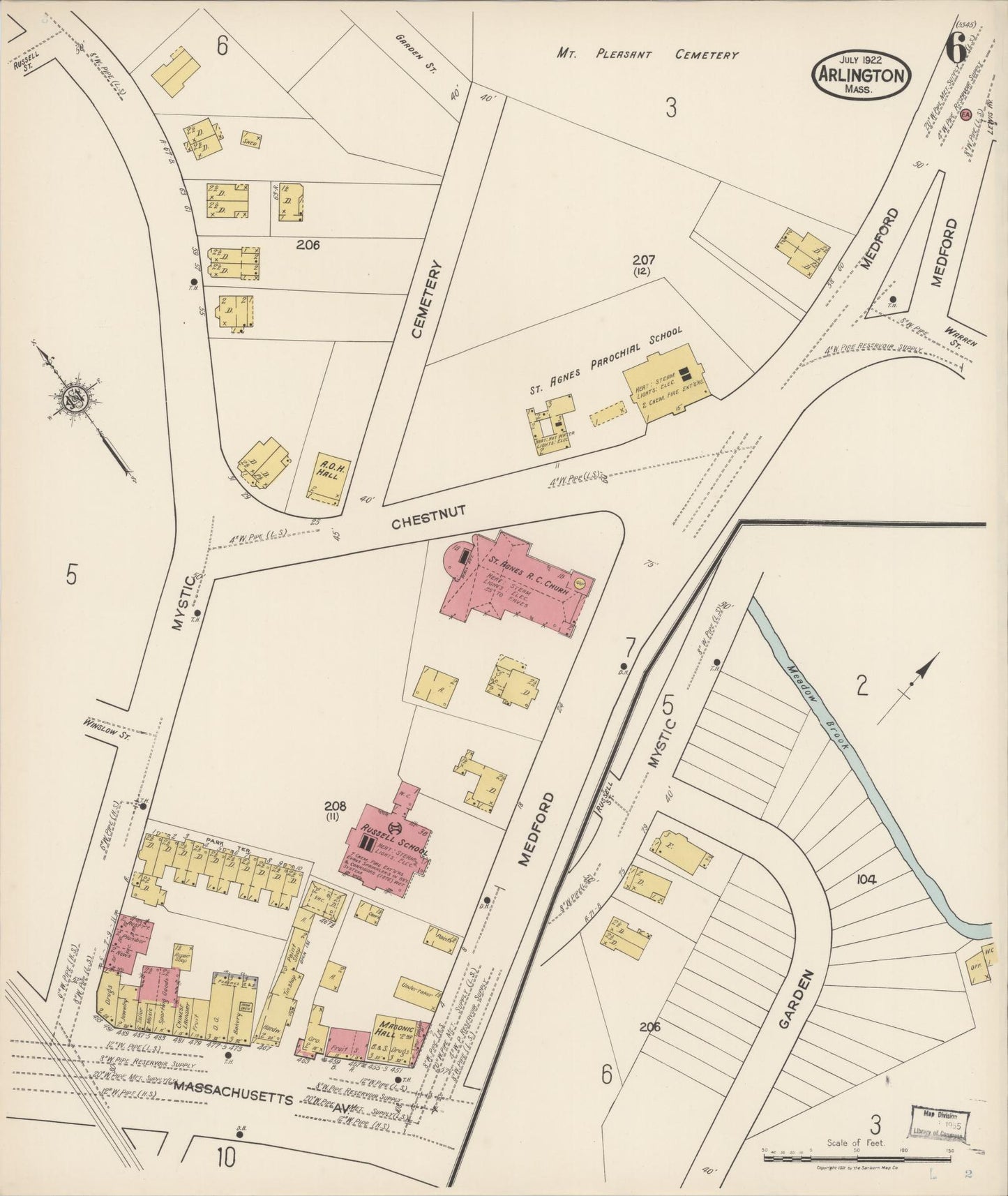 Sanborn Fire Insurance Map from Arlington, Middlesex County, Massachusetts (1922), Sheet #0006 - Historic Sanborn Fire Insurance Map Print, vintage old map wall art, antique decor, genealogy gift, Massachusetts Massachusetts map