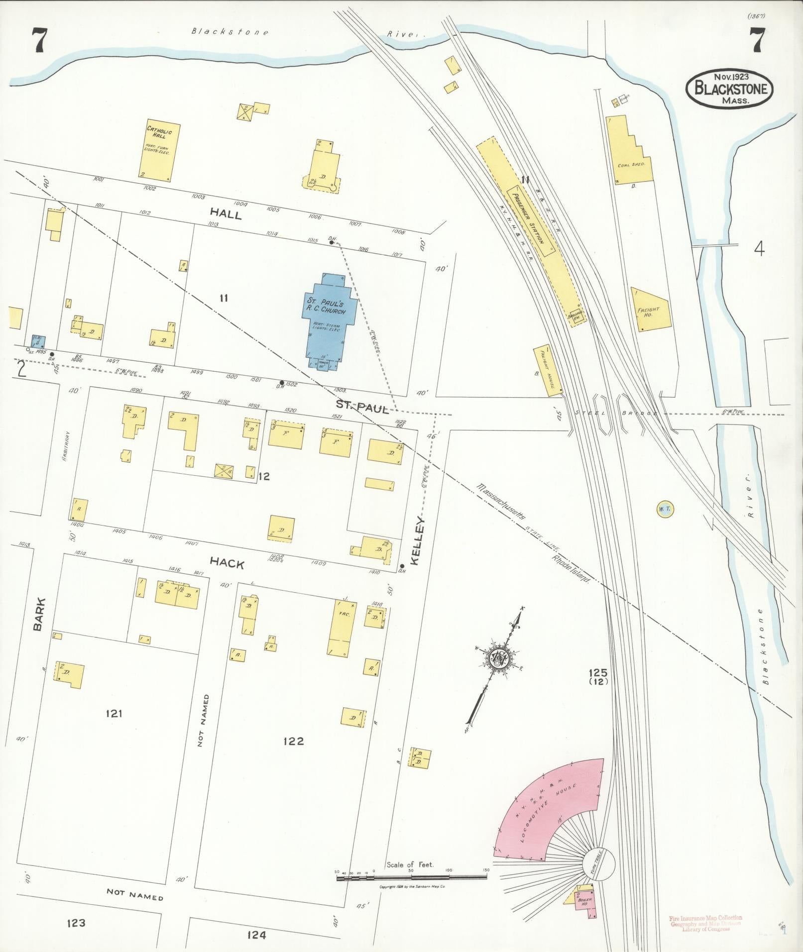 Sanborn Fire Insurance Map from Blackstone, Worcester County, Massachusetts (1923), Sheet #0007 - Complete Map Set gallery image, historic Sanborn map, vintage wall art, Massachusetts Massachusetts