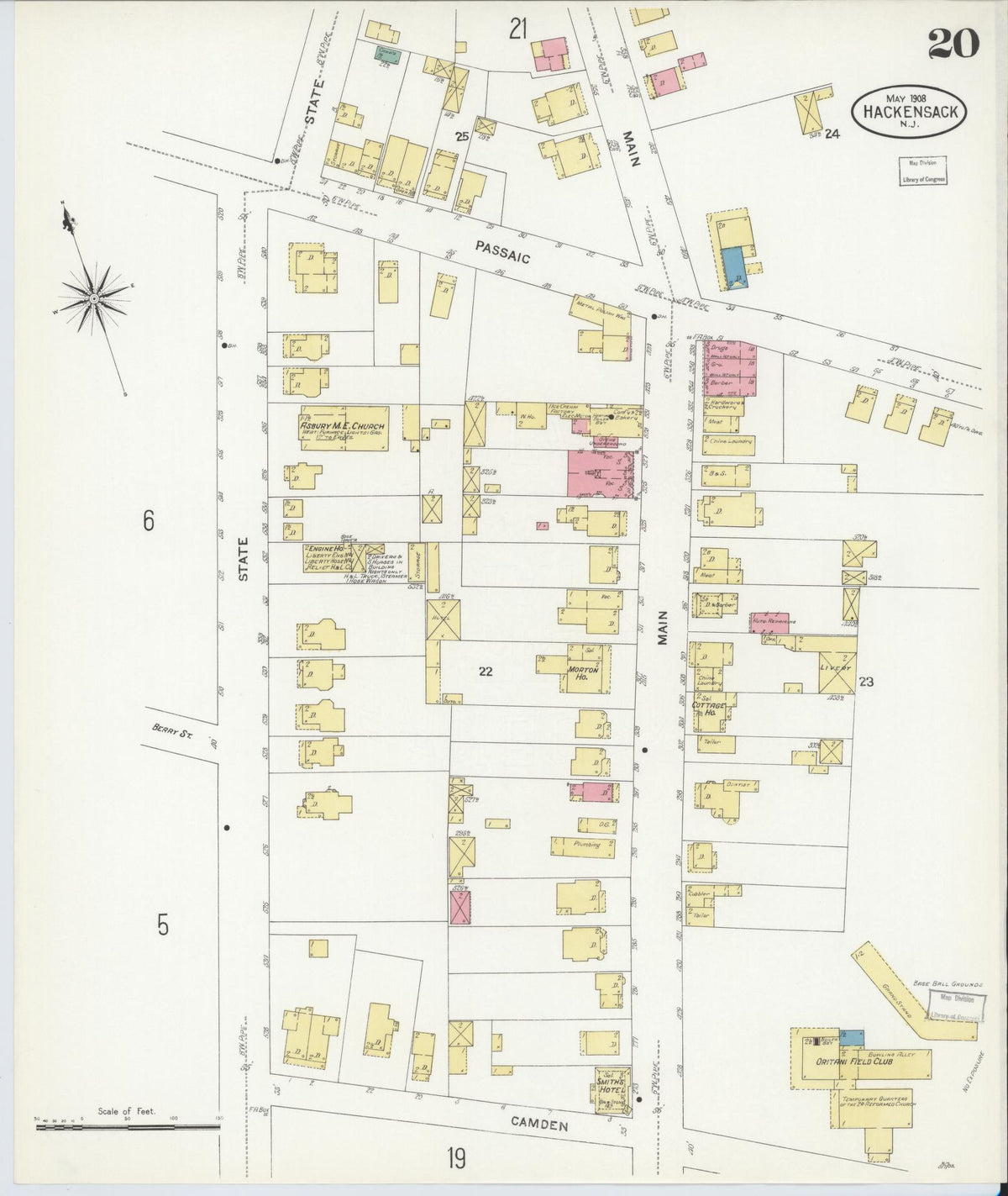 Sanborn Fire Insurance Map from Hackensack, Bergen County, New Jersey (1908), Sheet #0020 - Complete Map Set gallery image, historic Sanborn map, vintage wall art, New Jersey New Jersey