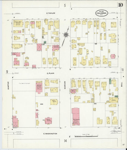 Sanborn Fire Insurance Map from Columbia, Richland County, South Carolina (1910), Sheet #0010 - Complete Map Set gallery image, historic Sanborn map, vintage wall art, South Carolina South Carolina