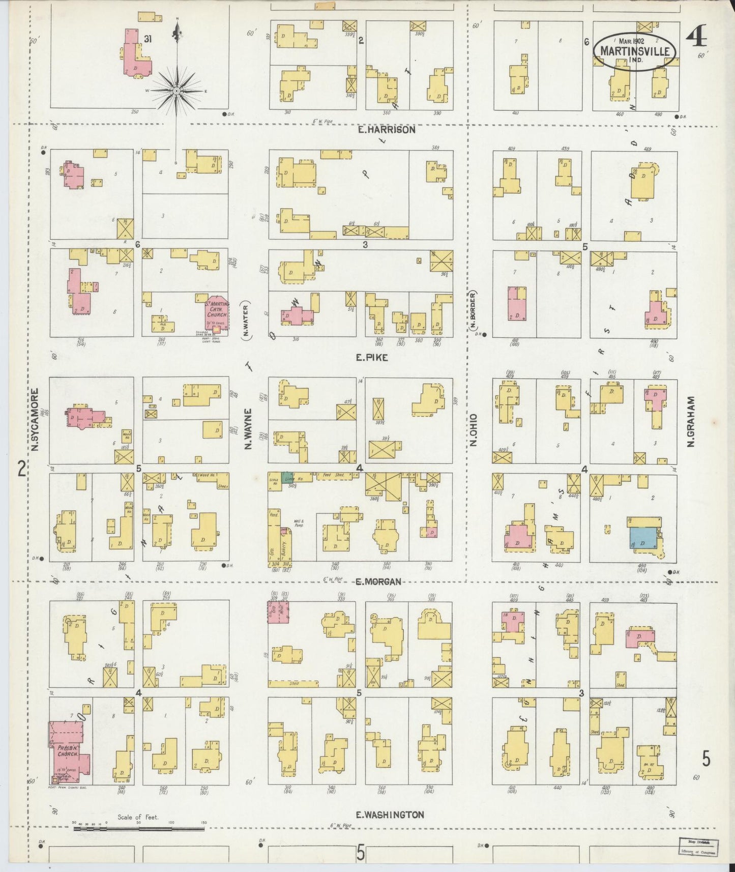 Sanborn Fire Insurance Map from Martinsville, Morgan County, Indiana (1902), Sheet #0004 - Historic Sanborn Fire Insurance Map Print, vintage old map wall art, antique decor, genealogy gift, Indiana Indiana map