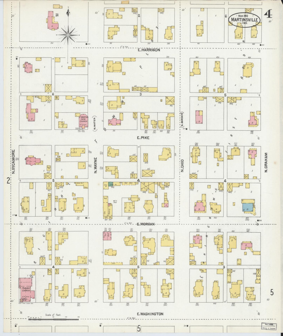Sanborn Fire Insurance Map from Martinsville, Morgan County, Indiana (1902), Sheet #0004 - Historic Sanborn Fire Insurance Map Print, vintage old map wall art, antique decor, genealogy gift, Indiana Indiana map