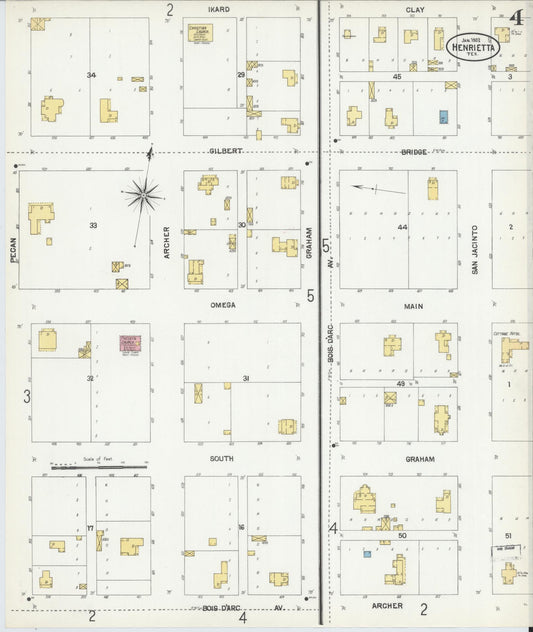 Sanborn Fire Insurance Map from Henrietta, Clay County, Texas (1902), Sheet #0004 - Historic Sanborn Fire Insurance Map Print, vintage old map wall art, antique decor, genealogy gift, Texas Texas map