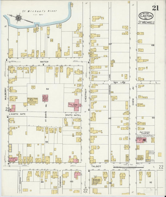 Talbot, Maryland - 1919 - Sanborn Fire Insurance Map, Sheet #0021 - Historic Sanborn Fire Insurance Map Print, Talbot Maryland 1919 0021 vintage old map wall art