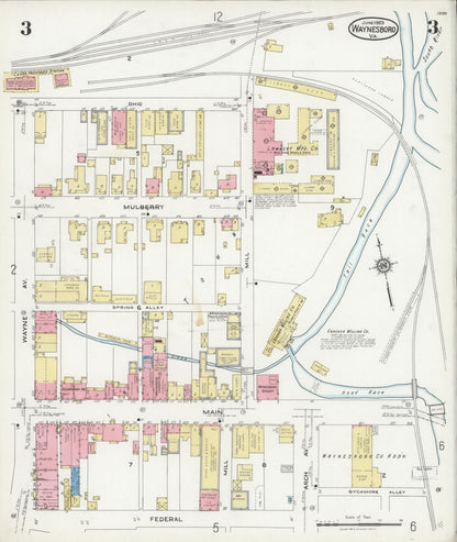 Sanborn Fire Insurance Map from Waynesboro, Independent Cities, Virginia (1925), Sheet #0003 - Historic Sanborn Fire Insurance Map Print, vintage old map wall art, antique decor, genealogy gift, Virginia Virginia map