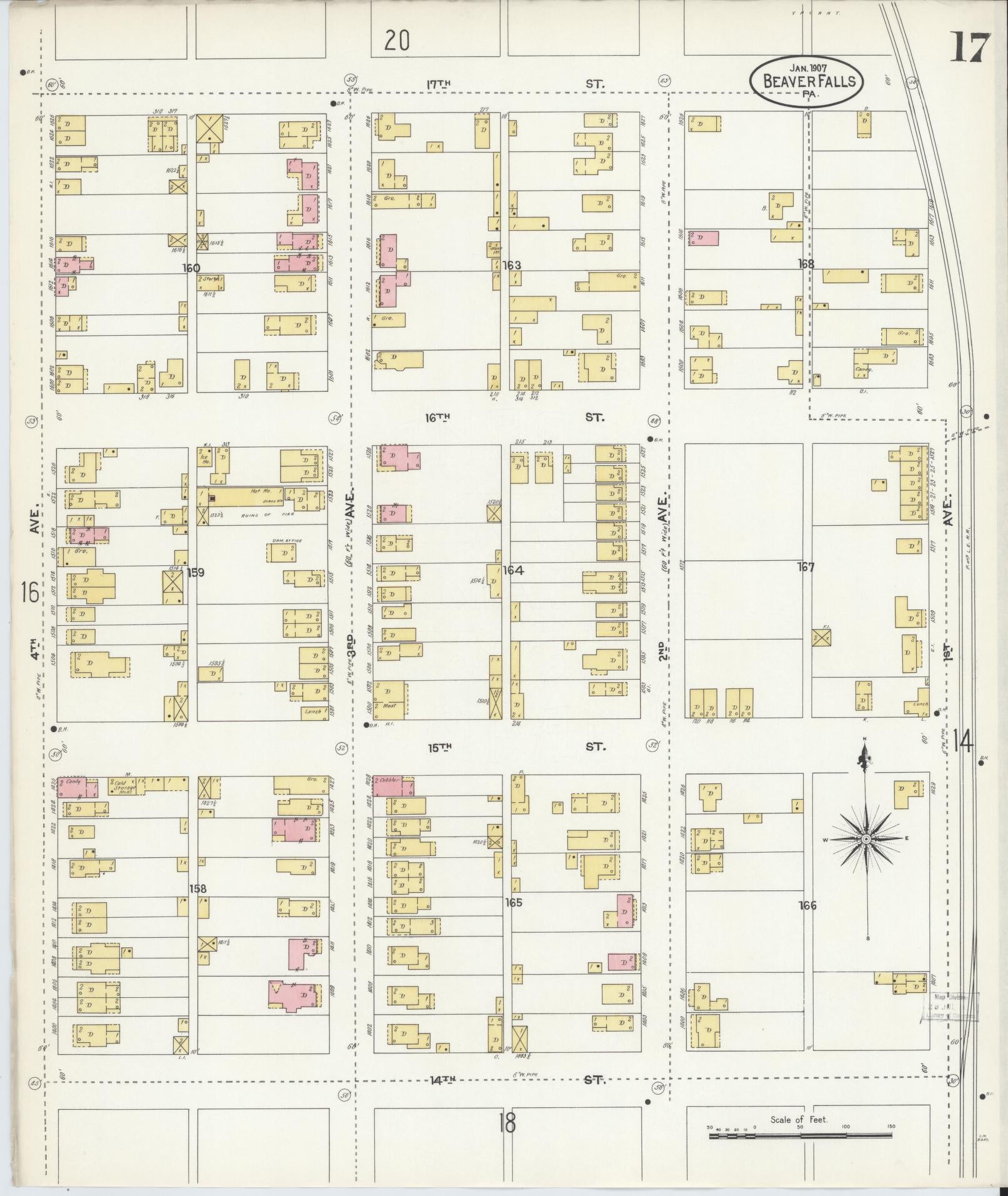 Sanborn Fire Insurance Map from Beaver Falls, Beaver County, Pennsylvania (1907), Sheet #0017 - Complete Map Set gallery image, historic Sanborn map, vintage wall art, Pennsylvania Pennsylvania