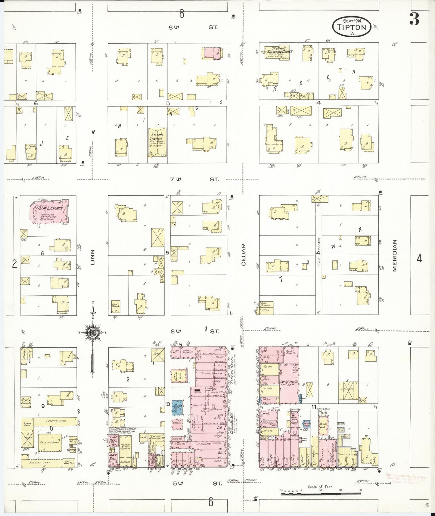 Sanborn Fire Insurance Map from Tipton, Cedar County, Iowa (1914), Sheet #0003 - Historic Sanborn Fire Insurance Map Print, vintage old map wall art