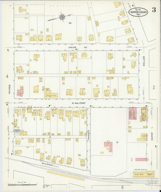 Sanborn Fire Insurance Map from Lawrenceburg, Lawrence County, Tennessee (1916), Sheet #0003 - Historic Sanborn Fire Insurance Map Print, vintage old map wall art, antique decor, genealogy gift, Tennessee Tennessee map