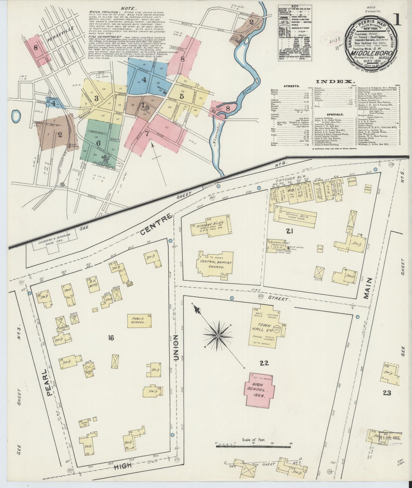 Sanborn Fire Insurance Map from Middleboro, Plymouth County, Massachusetts (1891), Sheet #0001 - Historic Sanborn Fire Insurance Map Print, vintage old map wall art, antique decor, genealogy gift, Massachusetts Massachusetts map