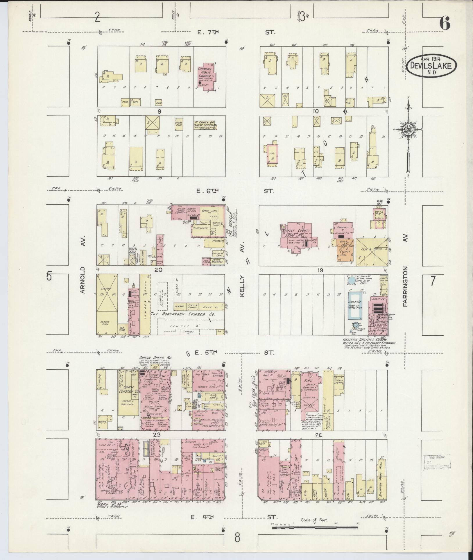 Sanborn Fire Insurance Map from Devils Lake, Ramsey County, North Dakota (1914), Sheet #0006 - Historic Sanborn Fire Insurance Map Print, vintage old map wall art, antique decor, genealogy gift, North Dakota North Dakota map