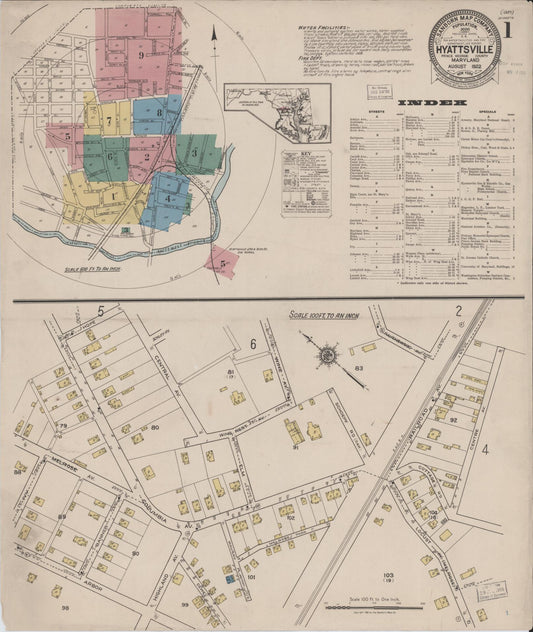 Sanborn Fire Insurance Map from Hyattsville, Prince Georges County, Maryland (1922), Sheet #0001 - Historic Sanborn Fire Insurance Map Print, vintage old map wall art, antique decor, genealogy gift, Maryland Maryland map