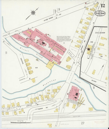 Sanborn Fire Insurance Map from Hyde Park, Norfolk County, Massachusetts (1917), Sheet #0012 - Historic Sanborn Fire Insurance Map Print, vintage old map wall art, antique decor, genealogy gift, Massachusetts Massachusetts map