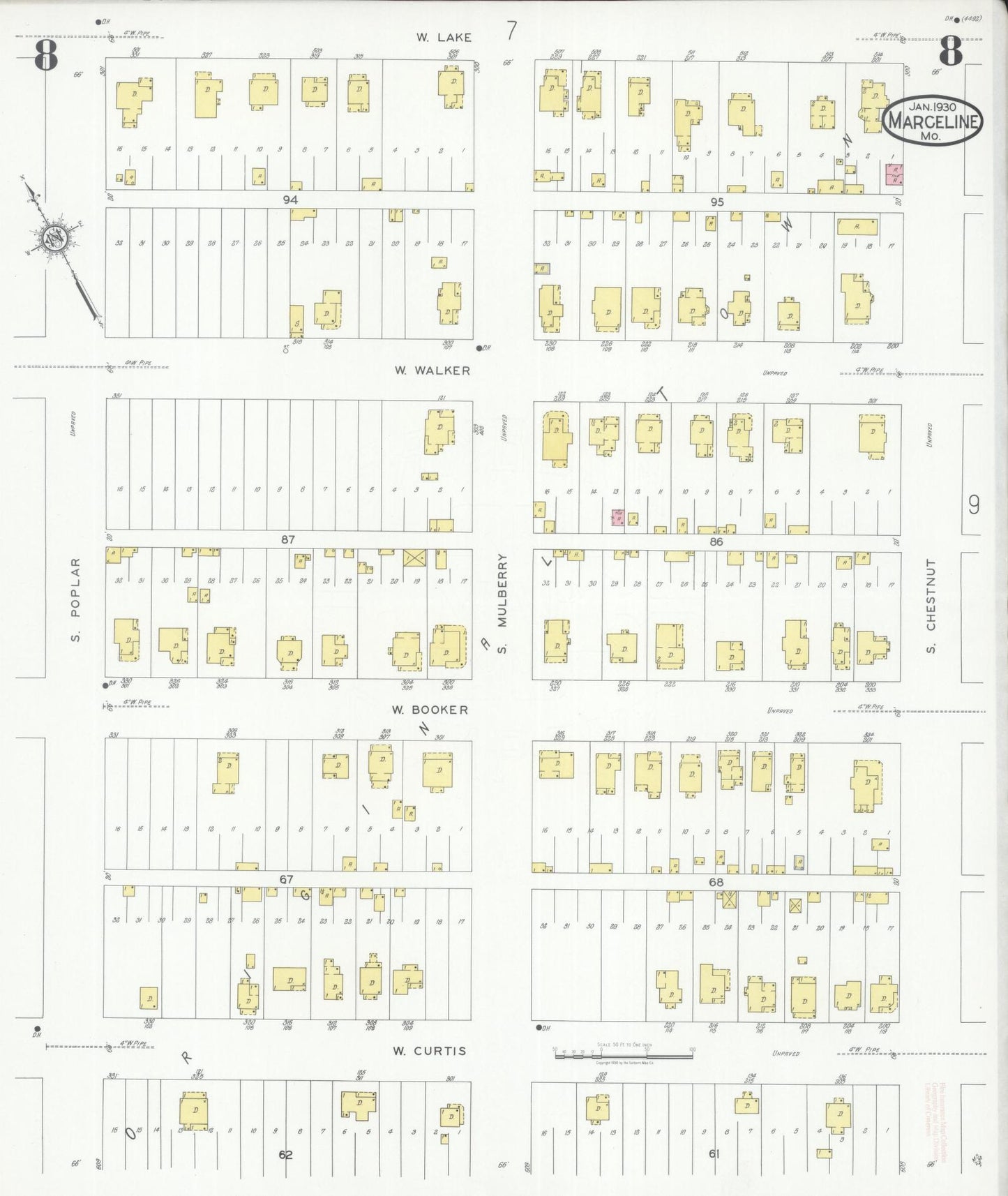 Sanborn Fire Insurance Map from Marceline, Linn County, Missouri (1930), Sheet #0008 - Complete Map Set gallery image, historic Sanborn map, vintage wall art, Missouri Missouri