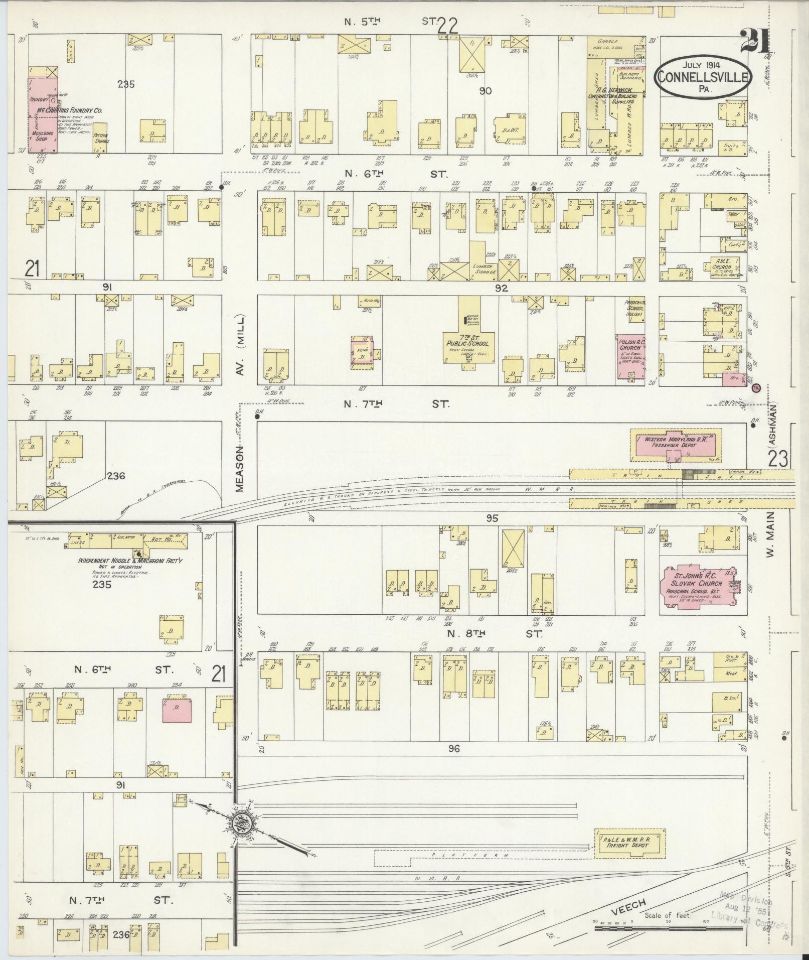Sanborn Fire Insurance Map from Connellsville, Fayette County, Pennsylvania (1914), Sheet #0021 - Historic Sanborn Fire Insurance Map Print, vintage old map wall art, antique decor, genealogy gift, Pennsylvania Pennsylvania map