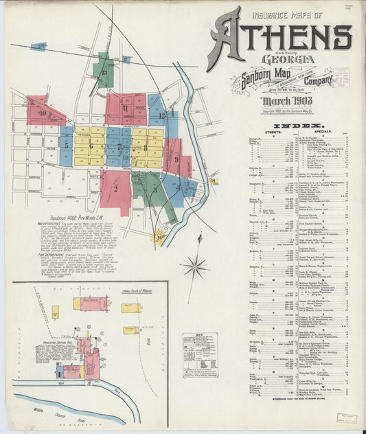 Sanborn Fire Insurance Map from Athens, Clarke County, Georgia (1903), Sheet #0001 - Historic Sanborn Fire Insurance Map Print, vintage old map wall art, antique decor, genealogy gift, Georgia Georgia map
